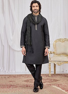 Black Silk Embroidered Kurta Pyjama Festive Wear
