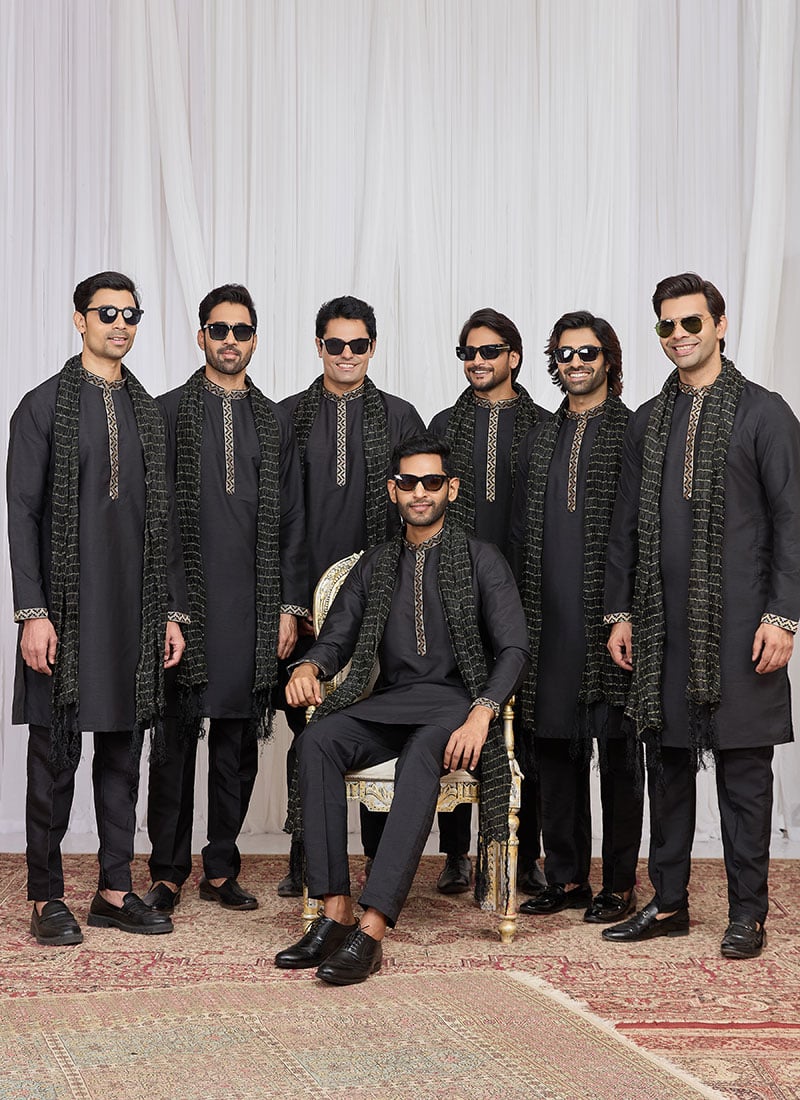 Black Silk Embroidered Kurta Pyjama Festive Wear