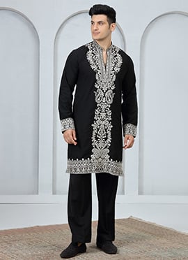 Black Silk Embroidered Kurta Pyjama