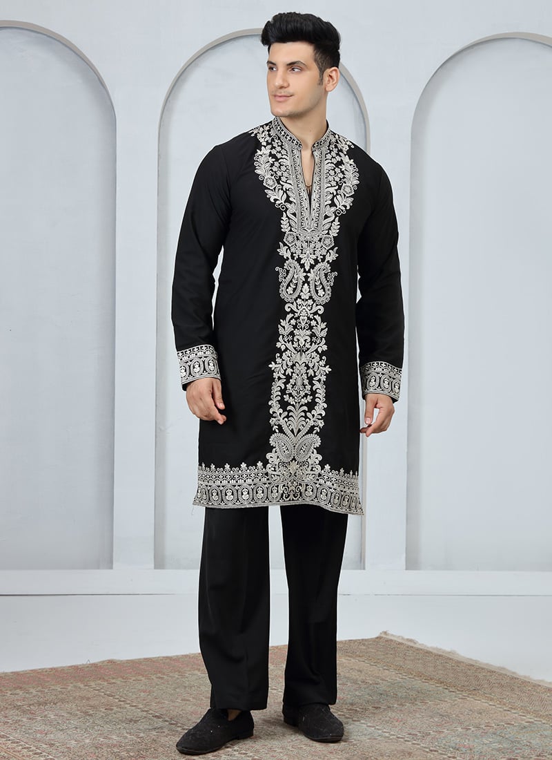 Black Silk Embroidered Kurta Pyjama Festive Wear