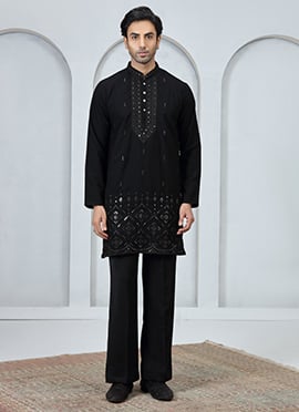 Black Silk Embroidered Kurta Pyjama