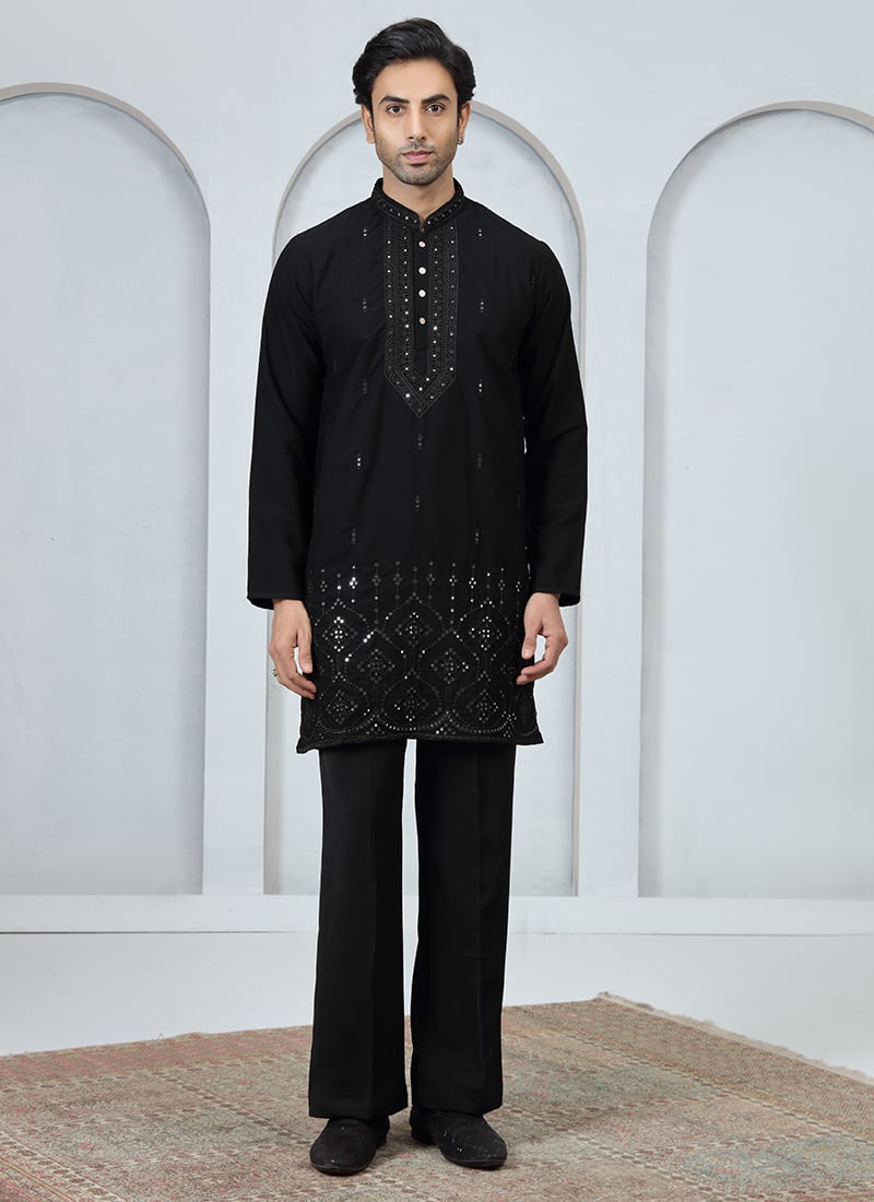 Black Silk Embroidered Kurta Pyjama Festive Wear