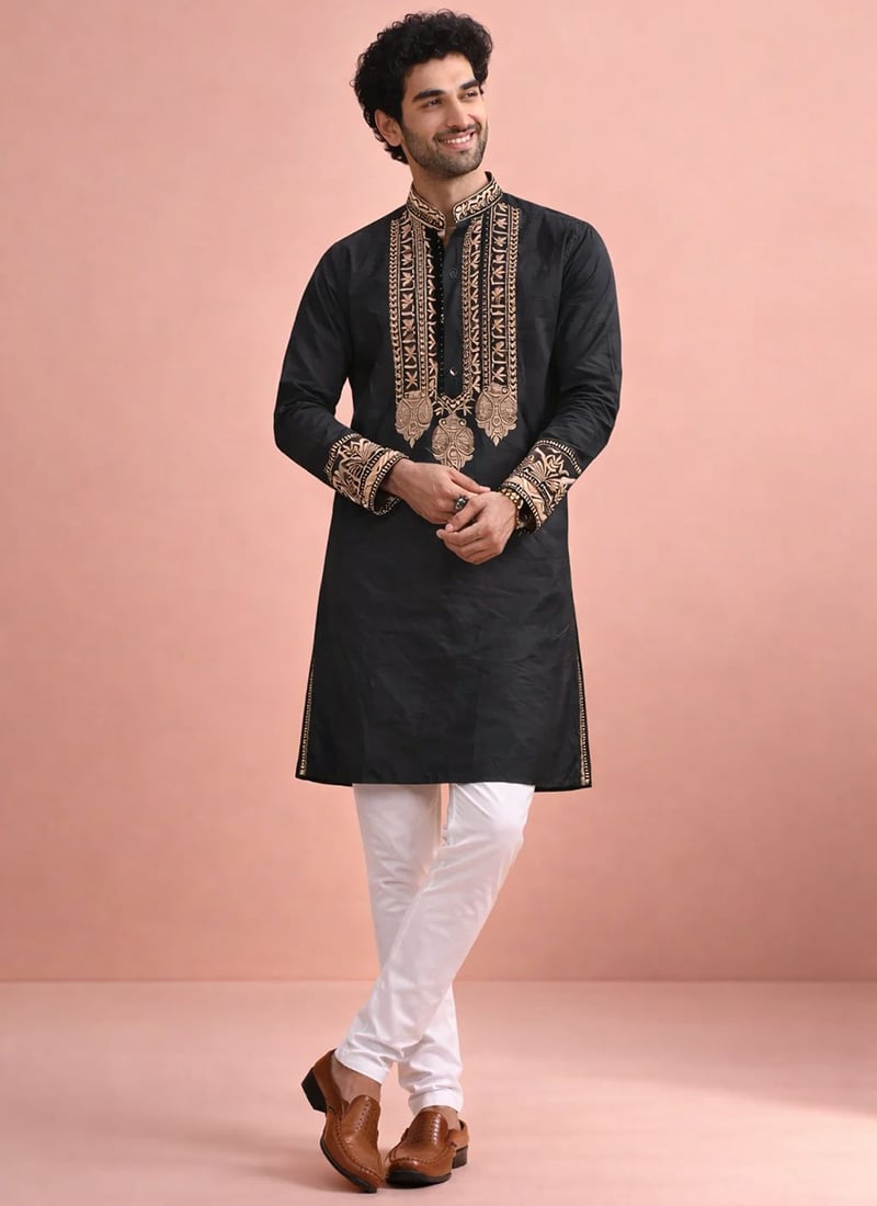 Black Silk Embroidered Kurta Pyjama Festive Wear