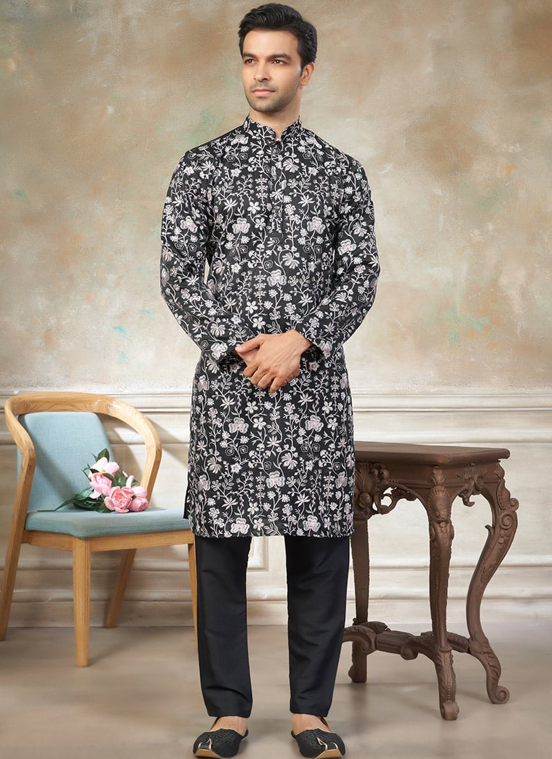Black Silk Embroidered Kurta Pyjama Festive Wear