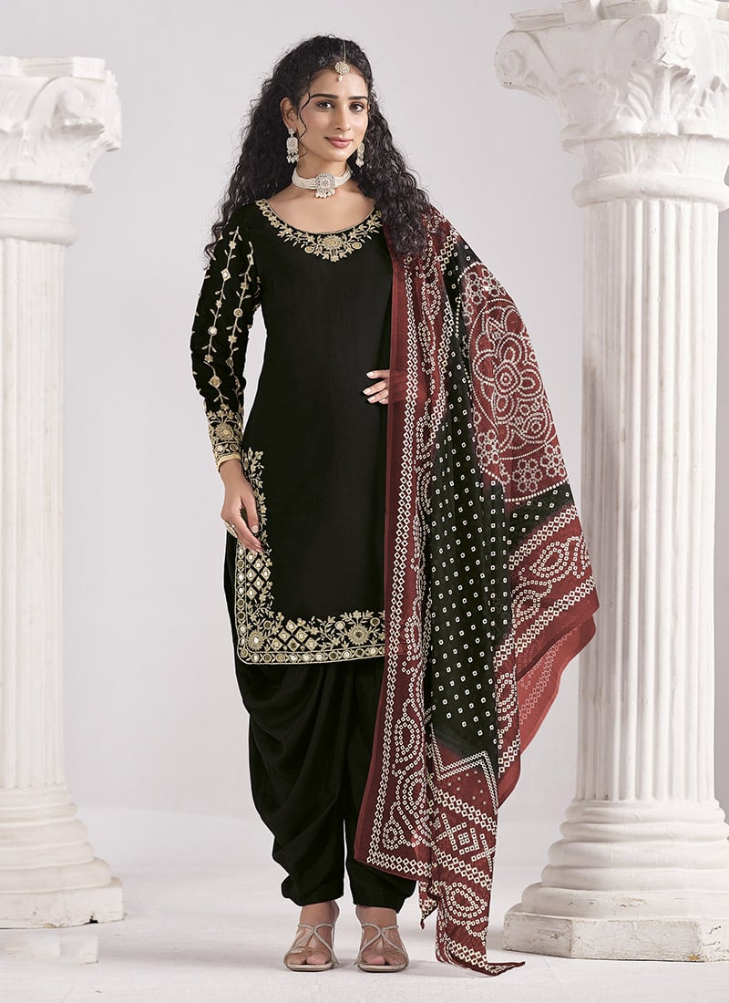 Black Silk Embroidered Mirror Work And Zari Dhoti Suit