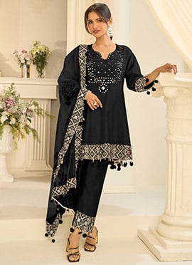 Black Silk Embroidered Mirror Work Thread Straight Pant Suit
