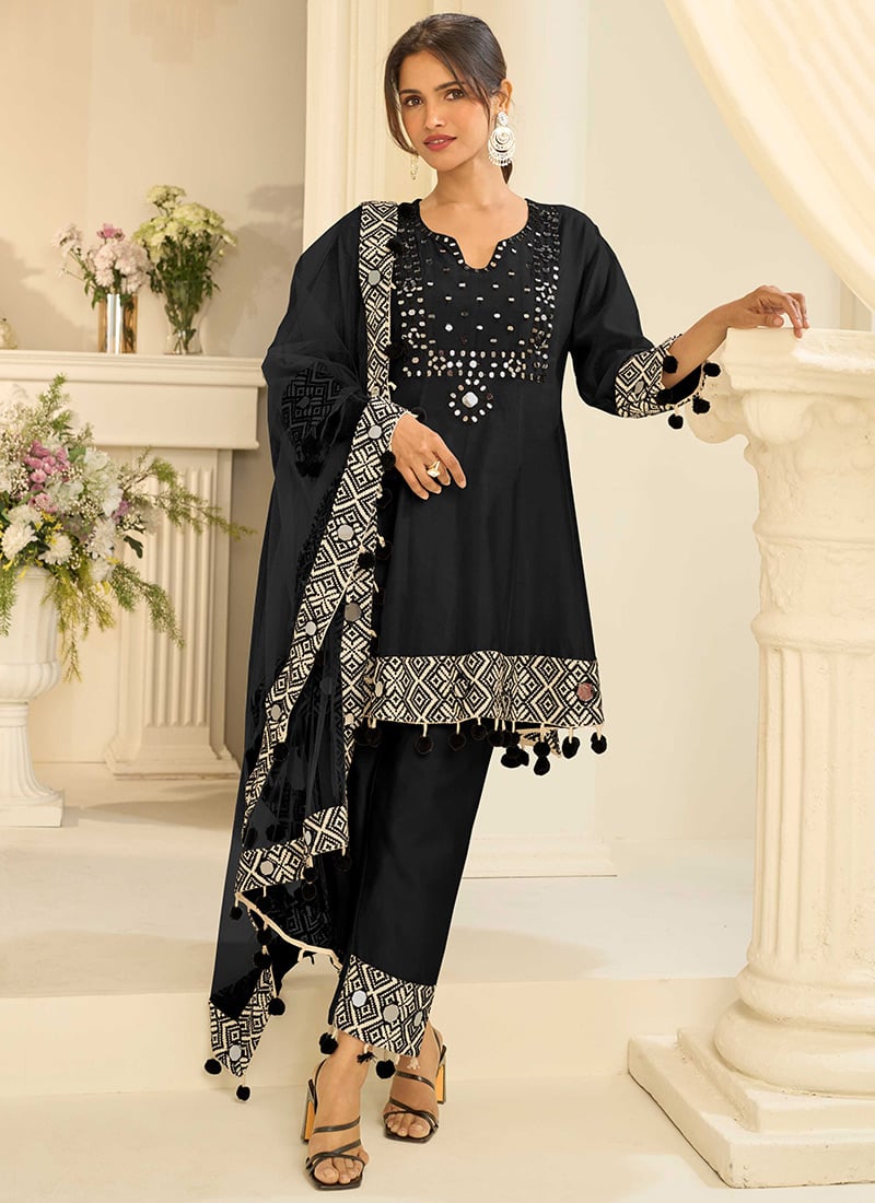 Black Silk Embroidered Mirror Work Thread Straight Pant Suit Festive Wear