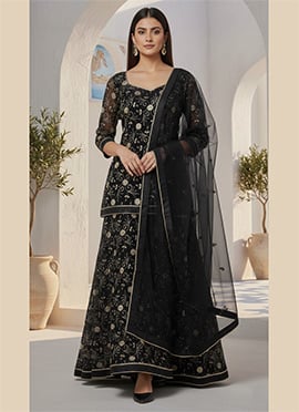 Black Silk Embroidered Palazzo Suit