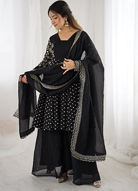 Black Silk Embroidered Palazzo Suit