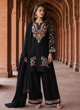Black Silk Embroidered Palazzo Suit