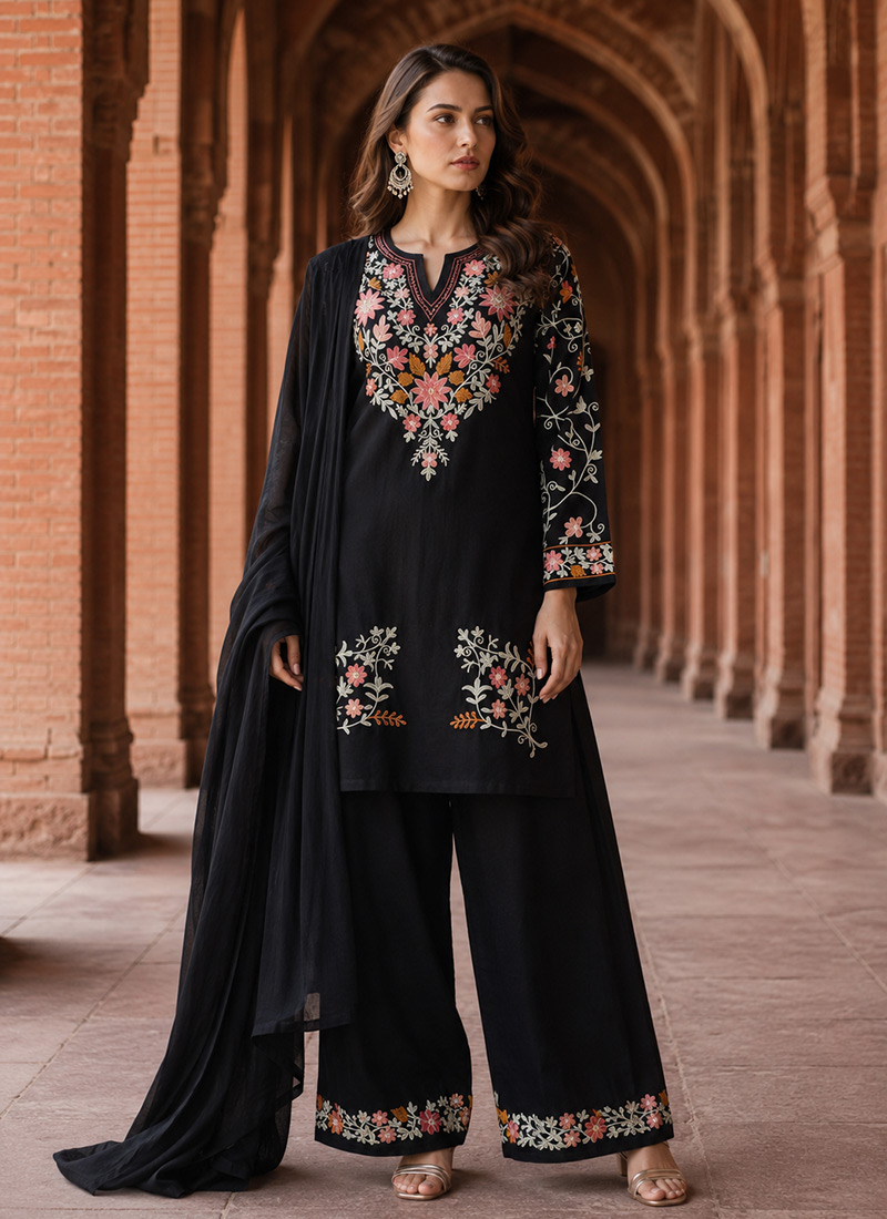 Black Silk Embroidered Palazzo Suit After Six Wear