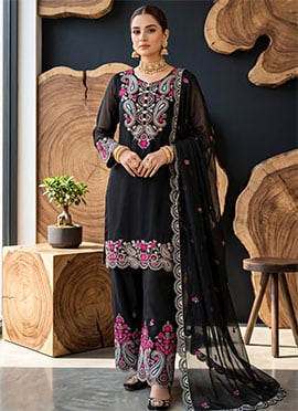 Black Silk Embroidered Palazzo Suit
