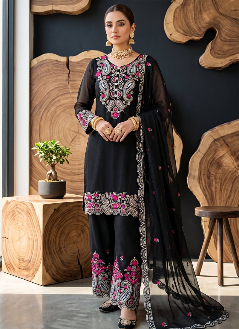 Black Silk Embroidered Palazzo Suit Festive Wear