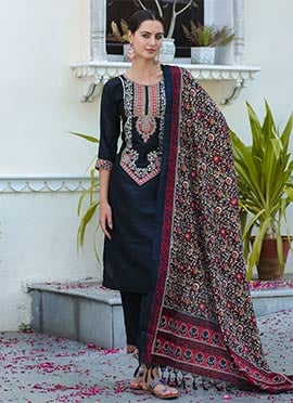 Black Silk Embroidered Printed Straight Pant Suit