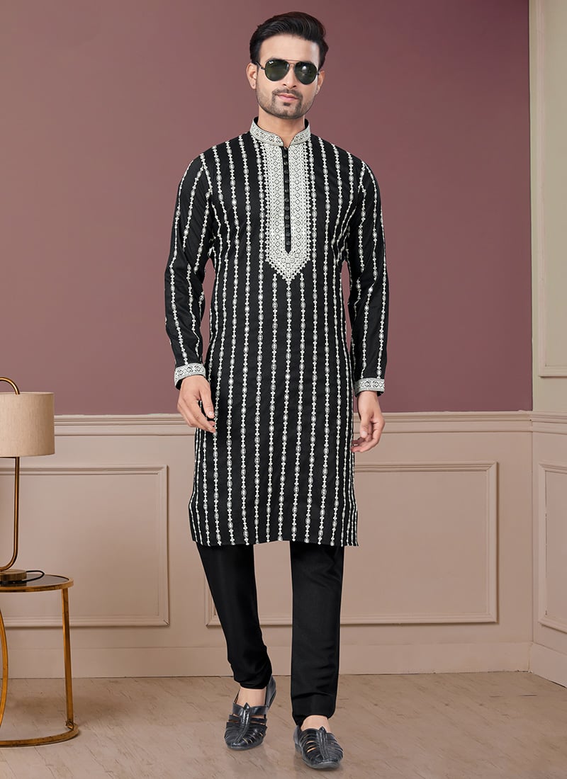 Black Silk Embroidered Sequin Mens Kurta Pyjama Set Festive Wear
