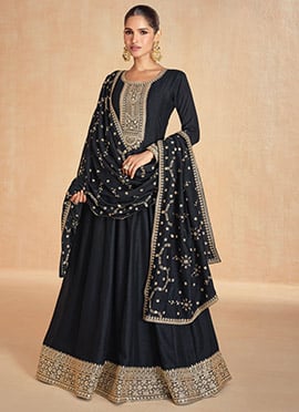Black Silk Embroidered Sequins Abaya Style Regal Anarkali Suit
