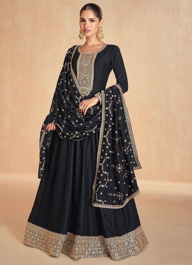 Black Silk Embroidered Sequins Abaya Style Regal Anarkali Suit Festive Wear