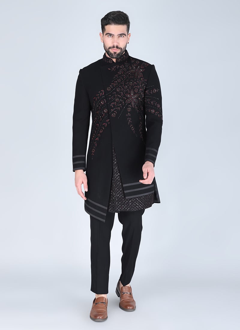 Black Silk Embroidered Sequins And Beads Indowestern Sherwani