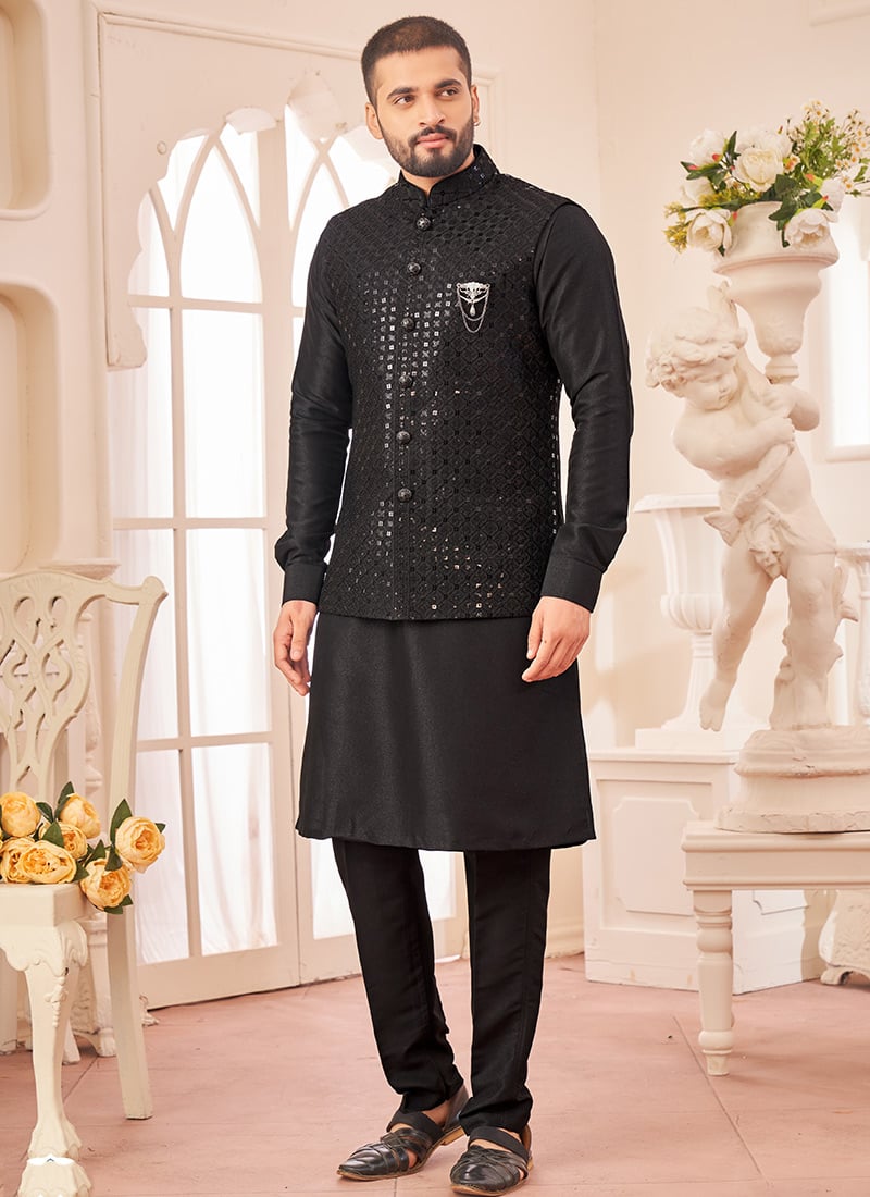 Black Silk Embroidered Sequins Bandi Set Festive Wear
