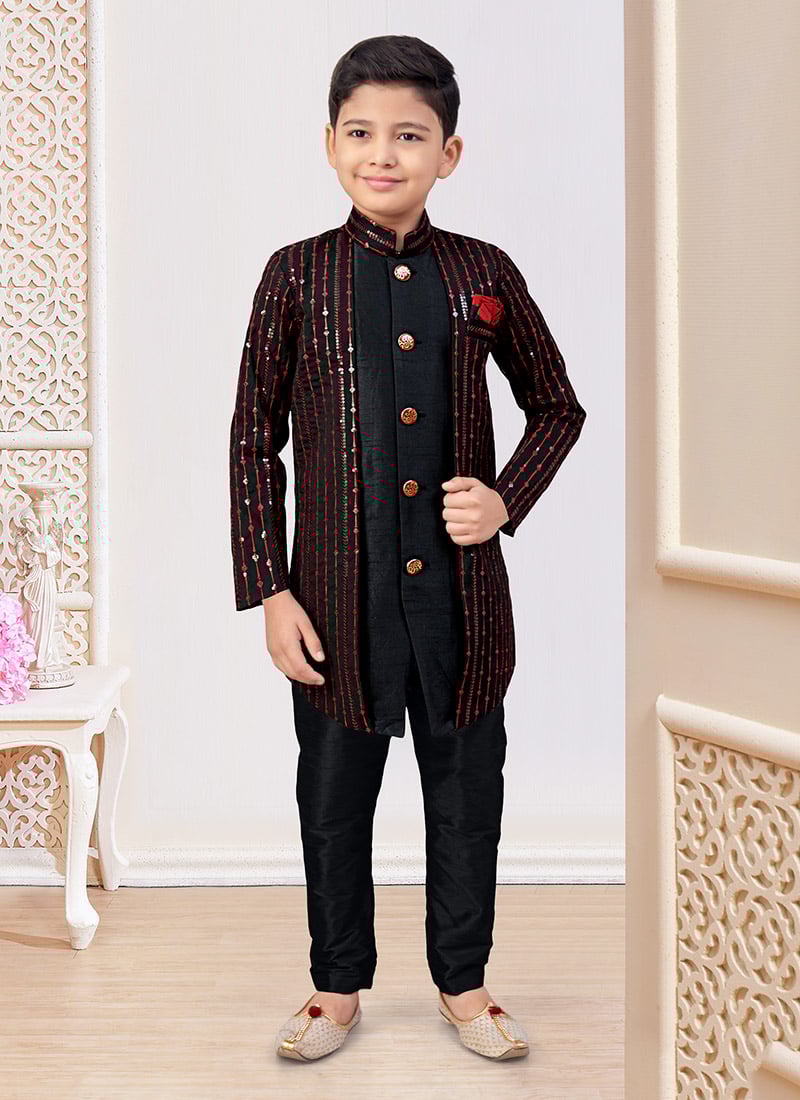 Black Silk Embroidered Sequins Boys Indowestern Sherwani  Wedding Wear