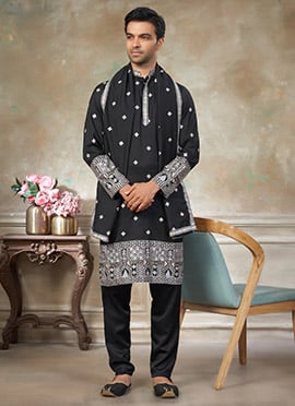 Black Silk Embroidered Sequins Classic Kurta Pyjama With Stole For Men