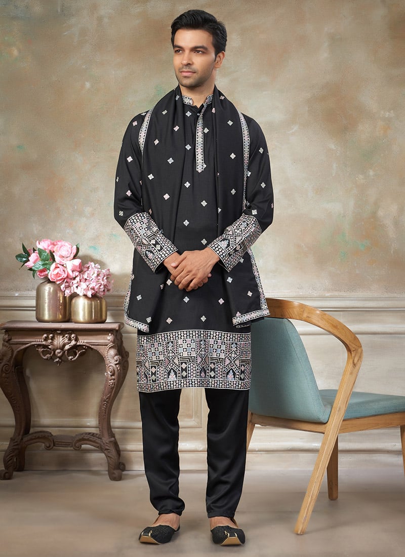 Black Silk Embroidered Sequins Classic Kurta Pyjama With Stole For Men Festive Wear