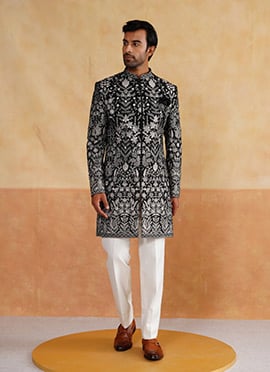 Black Silk Embroidered Sequins Indowestern Sherwani