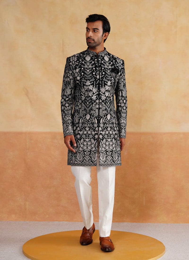 Black Silk Embroidered Sequins Indowestern Sherwani Wedding Wear