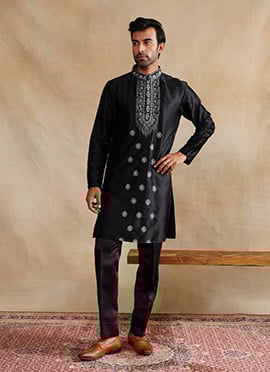 Black Silk Embroidered Sequins Indowestern Sherwani