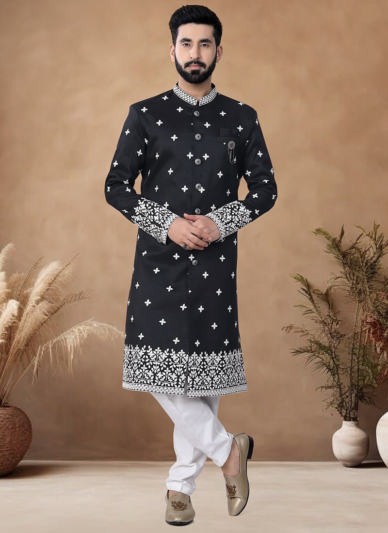 Black Silk Embroidered Sequins Indowestern Sherwani