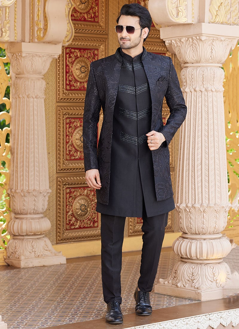 Black Silk Embroidered Sequins Indowestern Sherwani Wedding Wear