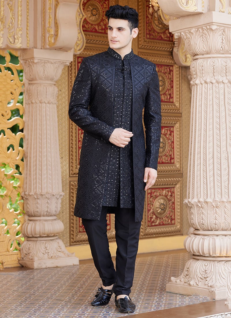 Navy Blue Silk Embroidered Sequins Indowestern Sherwani Wedding Wear