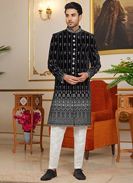 Black Silk Embroidered Sequins Indowestern Sherwani