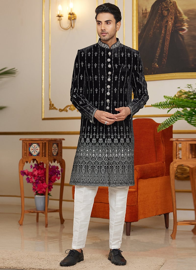 Black Silk Embroidered Sequins Indowestern Sherwani Wedding Wear