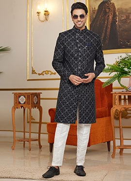 Black Silk Embroidered Sequins Indowestern Sherwani