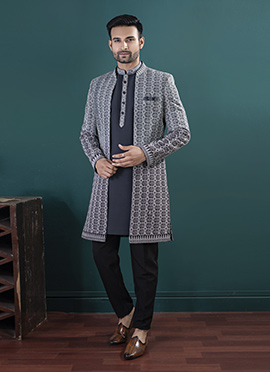 Black Silk Embroidered Sequins Indowestern Sherwani