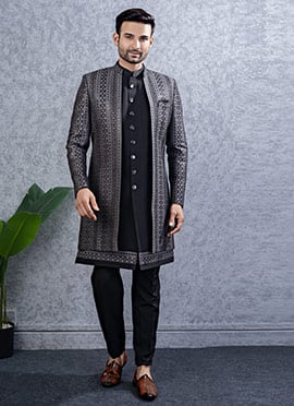 Black Silk Embroidered Sequins Indowestern Sherwani
