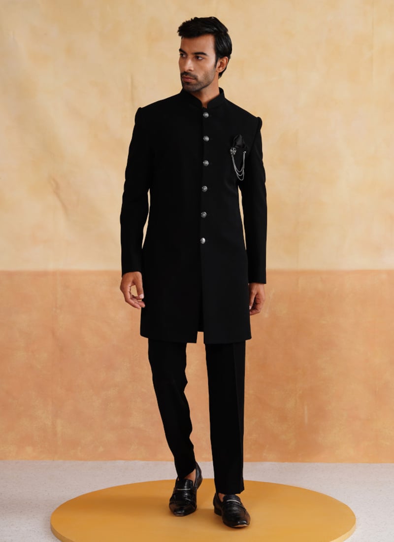 Black Silk Embroidered Sequins Indowestern Sherwani With Stole Wedding Wear