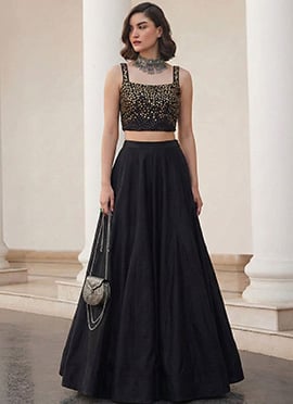 Black Silk Embroidered Sequins Indowestern Skirt Set