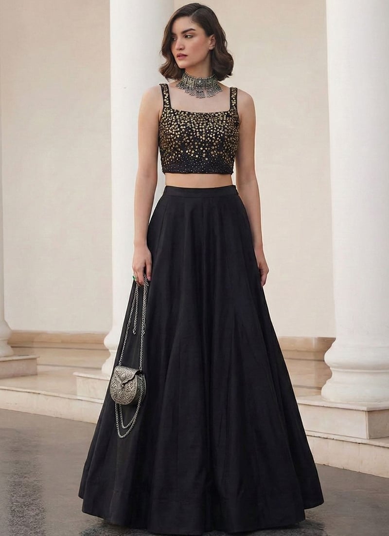 Black Silk Embroidered Sequins Indowestern Skirt Set After Six Wear