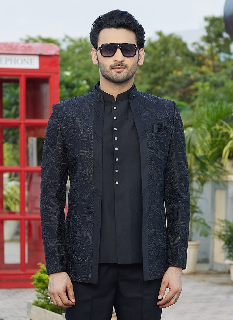 Black Silk Embroidered Sequins Jodhpuri Bandhgala Jacket For Special Celebrations