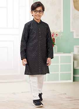 Black Silk Embroidered Sequins Kids Boys Kurta Pyjama