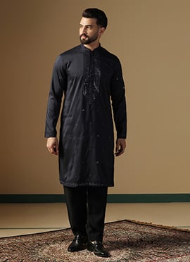 Black Silk Embroidered Sequins Kurta Pyjama For Men
