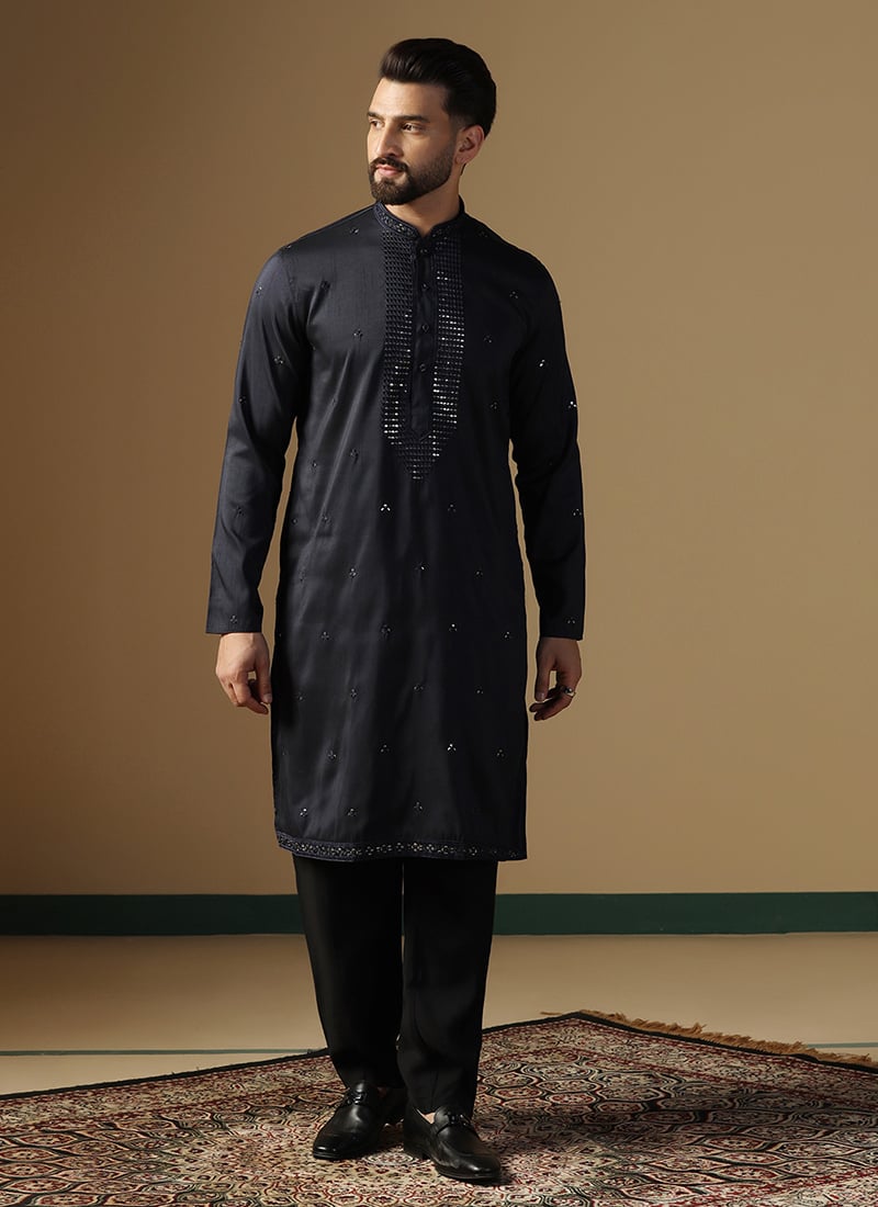 Black Silk Embroidered Sequins Kurta Pyjama For Men