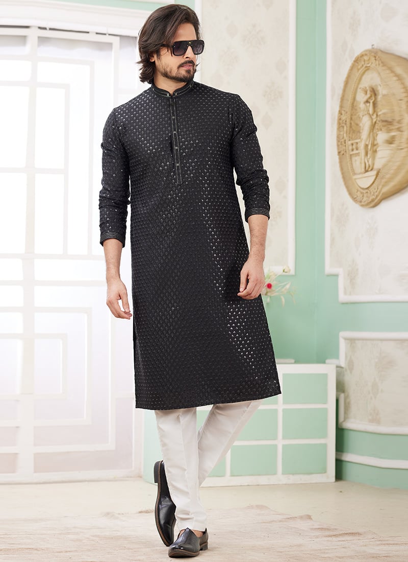 Black Silk Embroidered Sequins Kurta Pyjama For Men