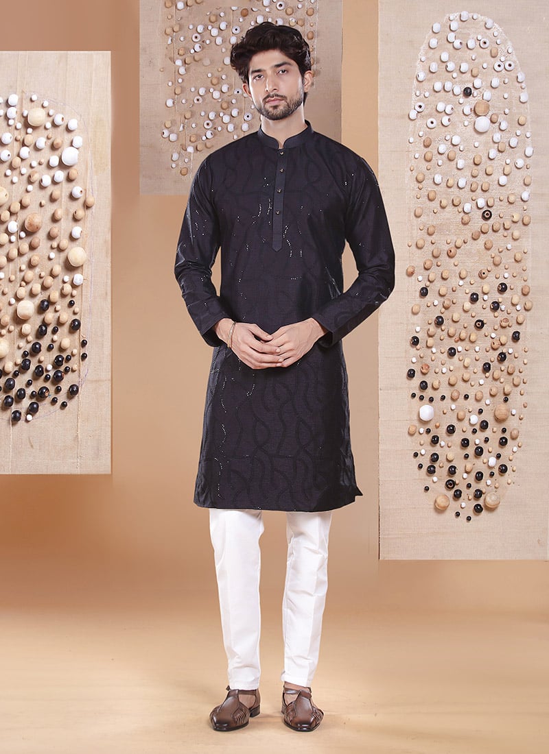 Black Silk Embroidered Sequins Kurta Pyjama Festive Wear