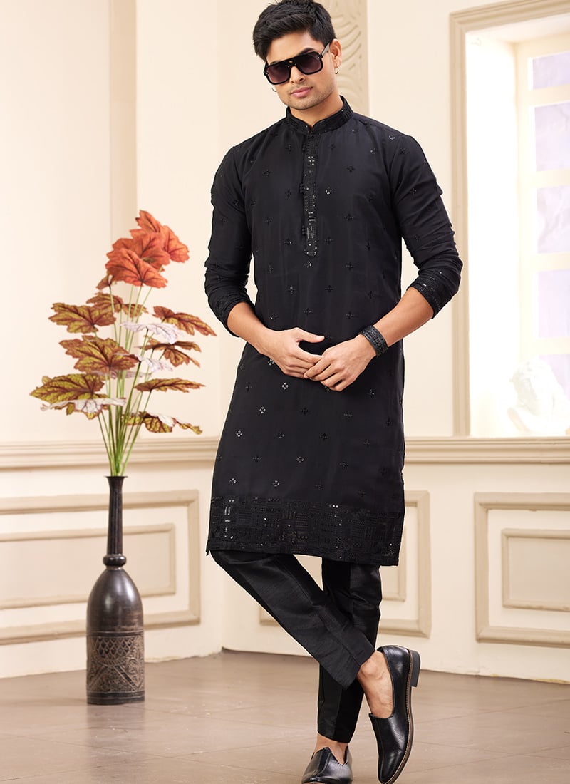 Black Silk Embroidered Sequins Kurta Pyjama Festive Wear