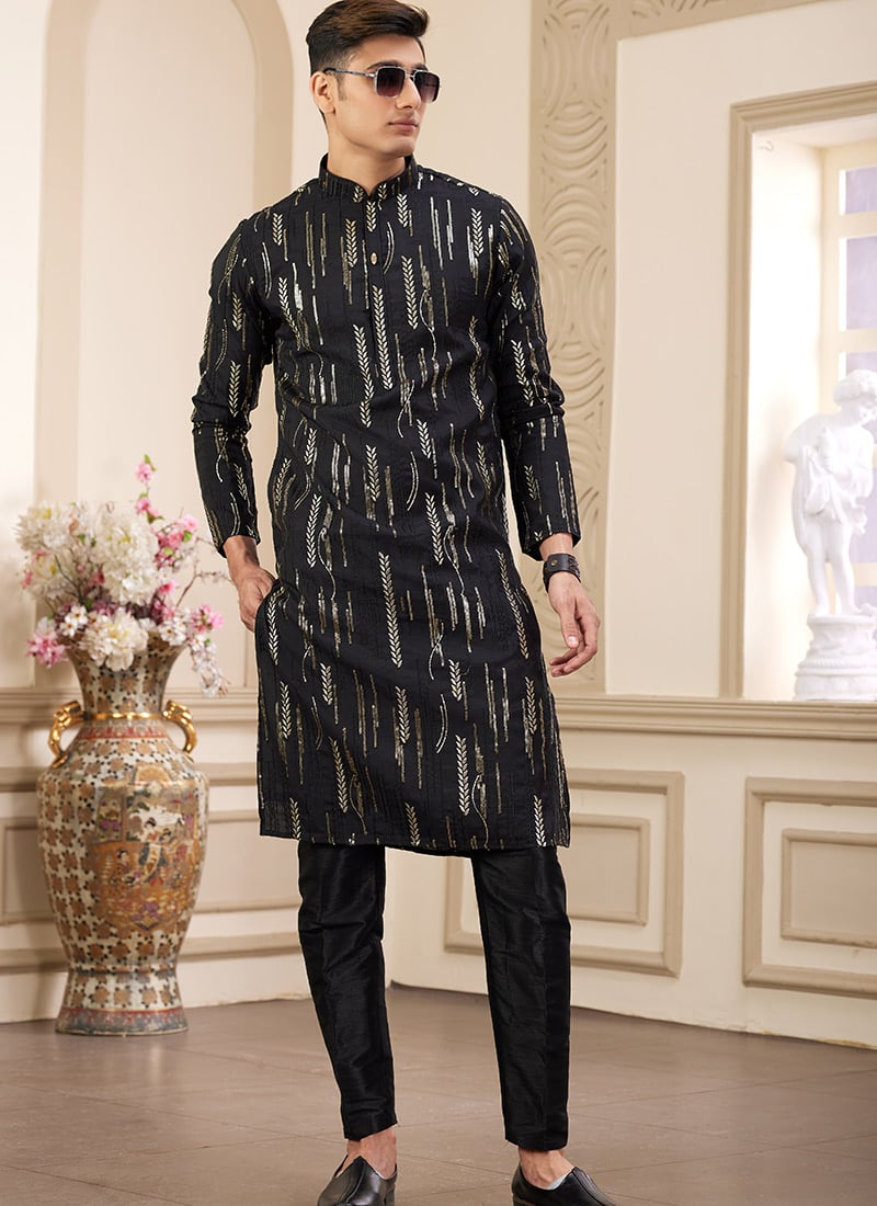 Black Silk Embroidered Sequins Kurta Pyjama Festive Wear