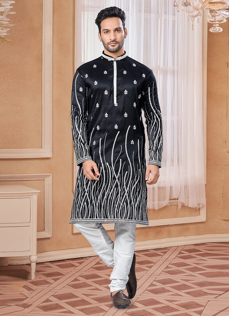 Black Silk Embroidered Sequins Kurta Pyjama Festive Wear