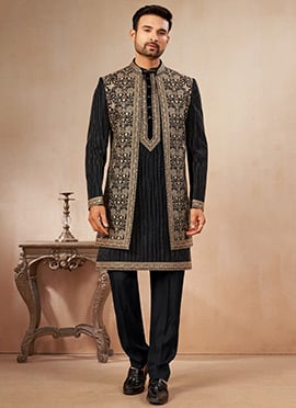 Black Silk Embroidered Sequins Open Indowestern Sherwani
